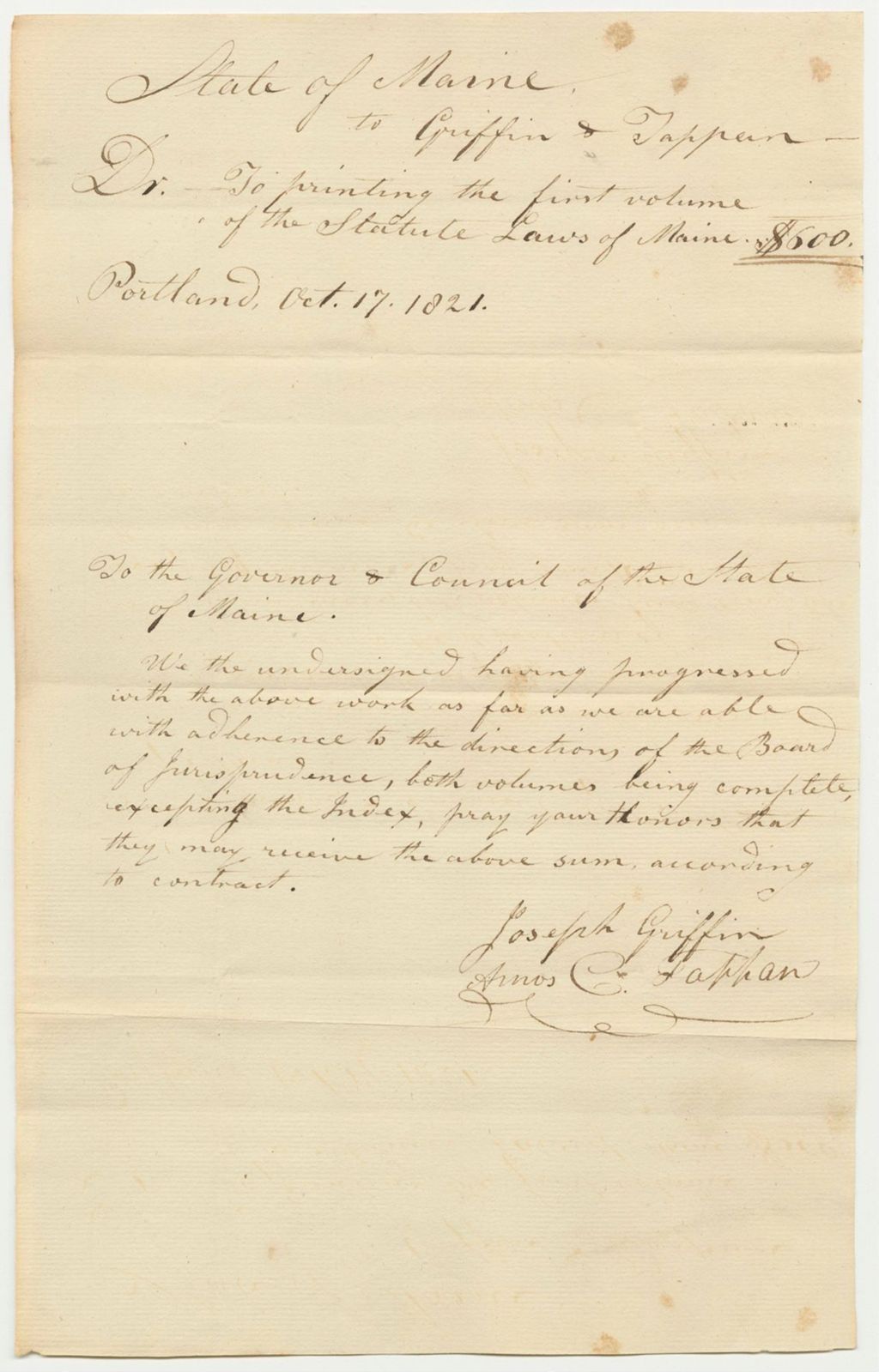 Miniature of Griffin and Tappan Bill for the State of Maine for printing first volume of State Laws