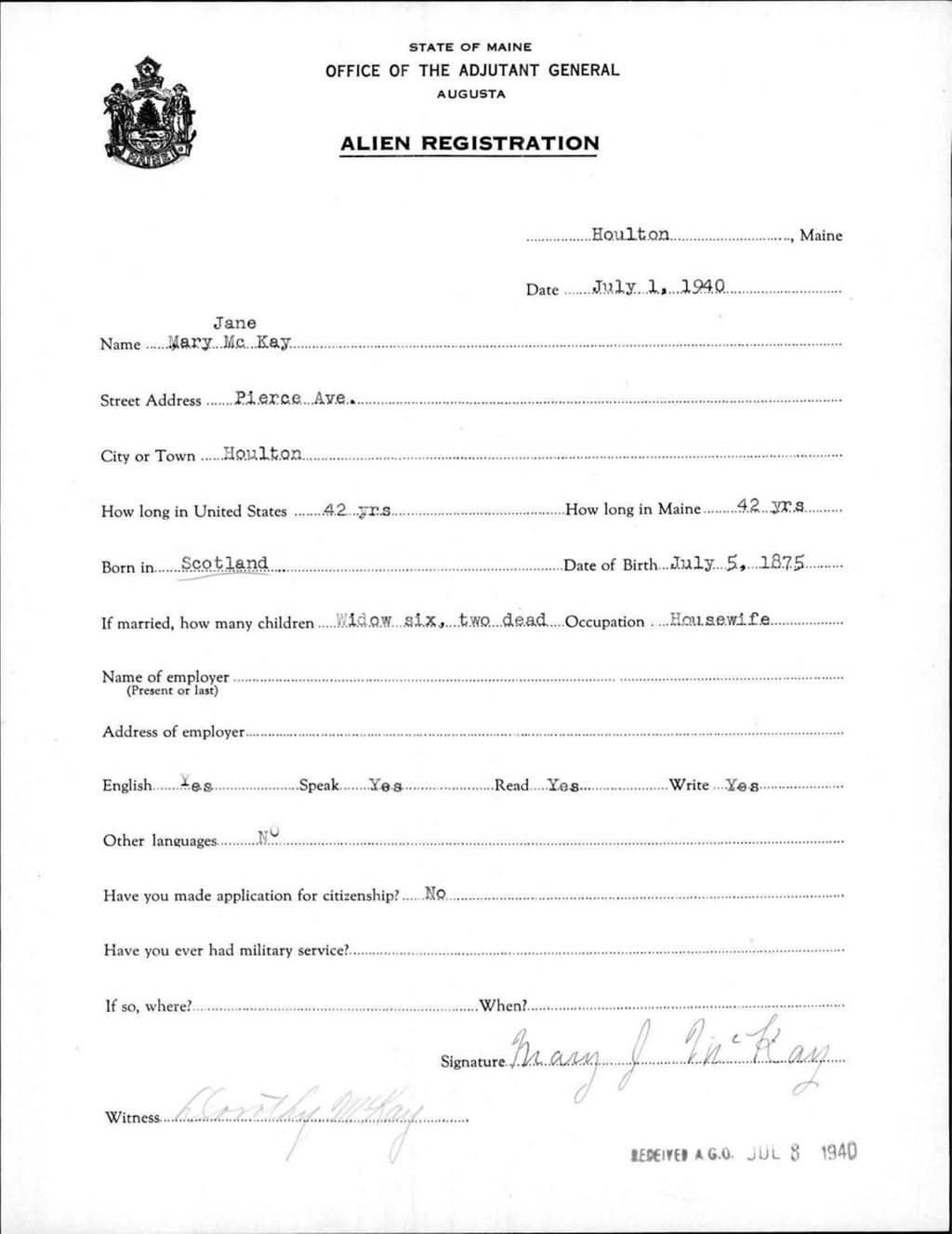 Miniature of Alien Registration- Mckay, Mary J. (Houlton, Aroostook County)