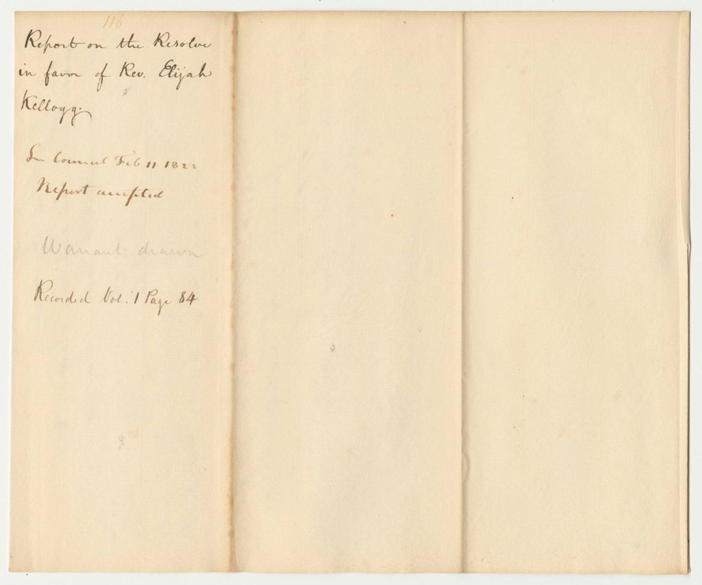 Miniature of Report 116: Report on the Resolve in Favor of Rev. Elijah Kellogg