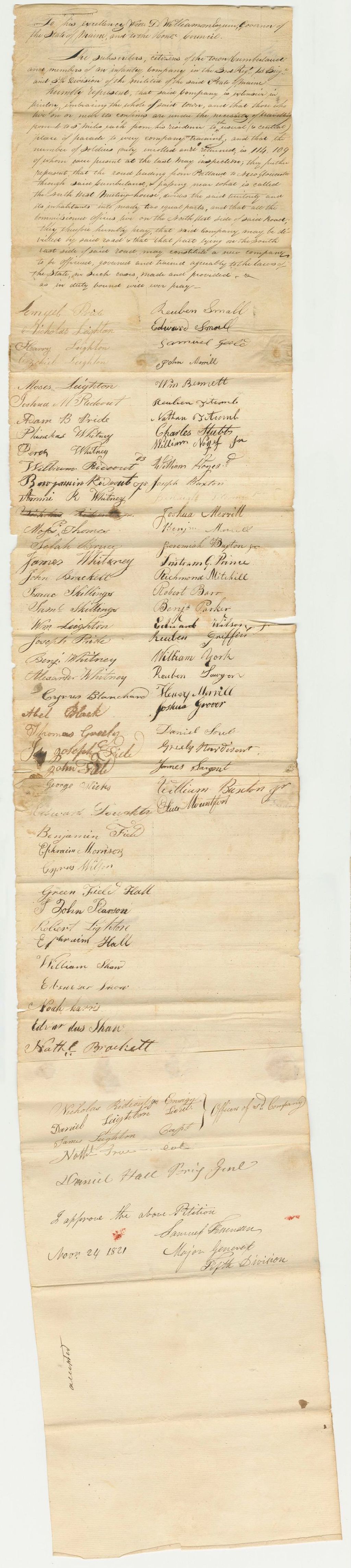 Miniature of Petition of Reuben Small and others for a Division of the Company in Cumberand 3R.1B.5D Commanded by Captain Leighton