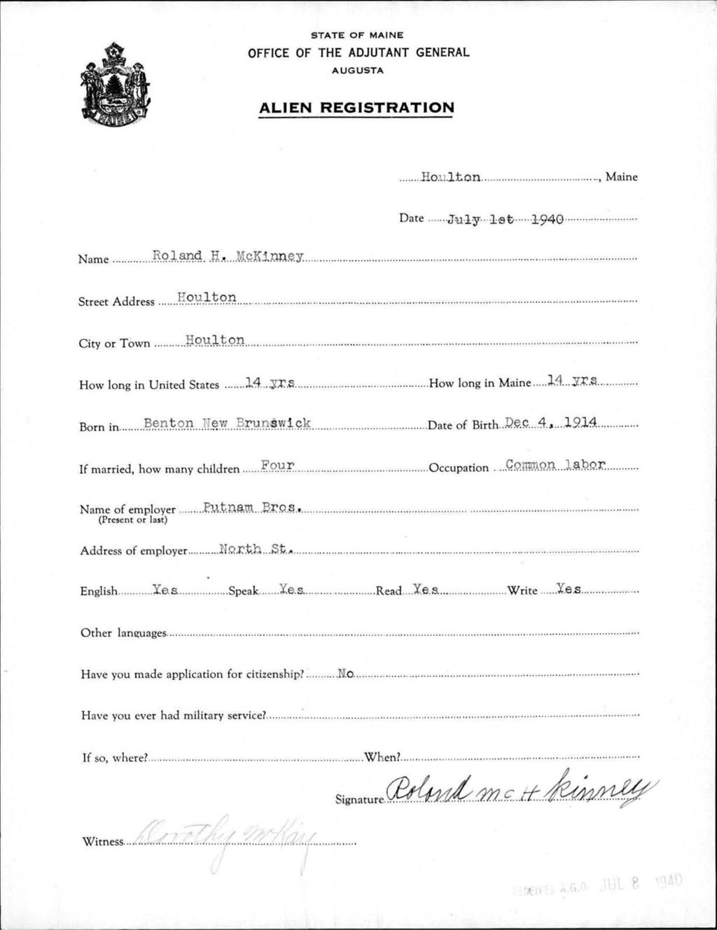 Miniature of Alien Registration- Mckinney, Roland H. (Houlton, Aroostook County)