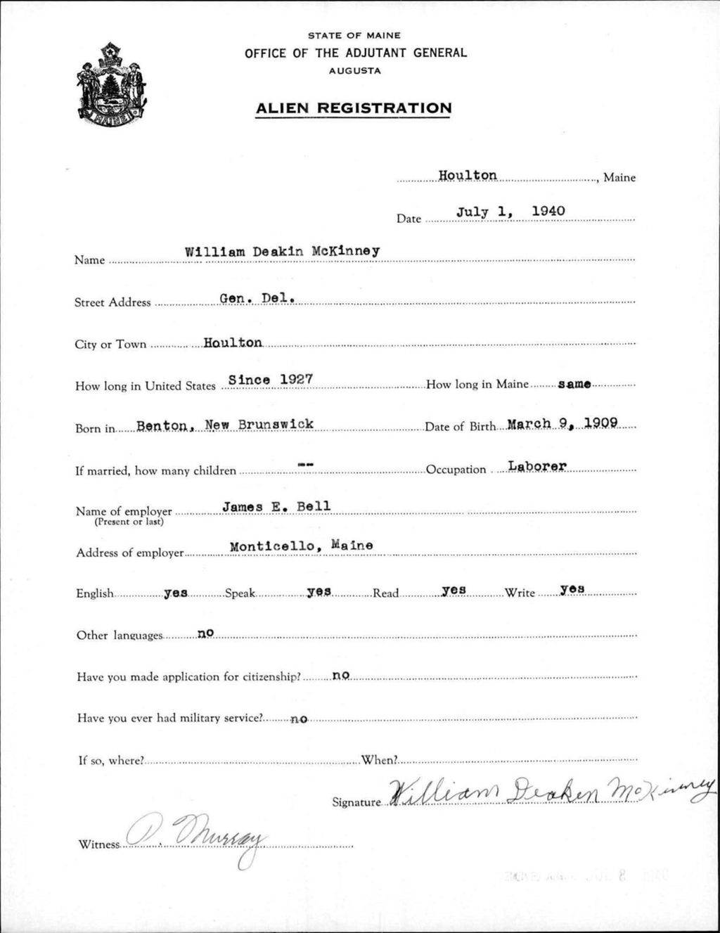 Miniature of Alien Registration- Mckinney, William D. (Houlton, Aroostook County)