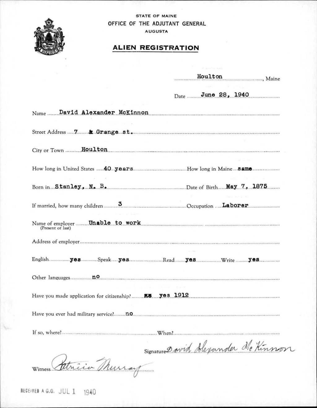 Miniature of Alien Registration- Mckinnon, David A. (Houlton, Aroostook County)
