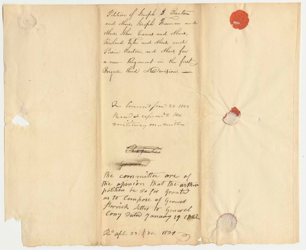 Miniature of Petition of Joseph B. Banton and others for a New Regiment in the Second Brigade 3 Division