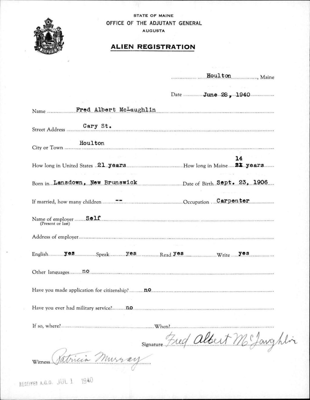 Miniature of Alien Registration- Mclaughlin, Fred A. (Houlton, Aroostook County)