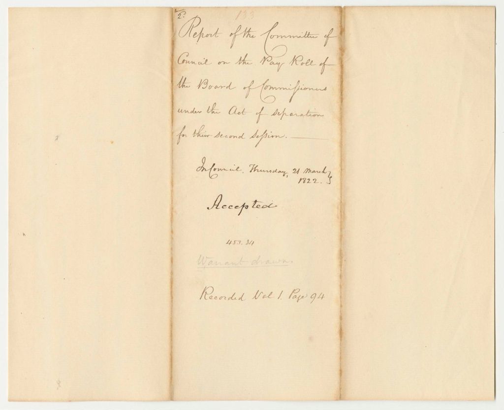 Miniature of Report 133: Report of the Committee of Council on the Pay Roll of the Board of Commissioners under the Act of Separation for their second session