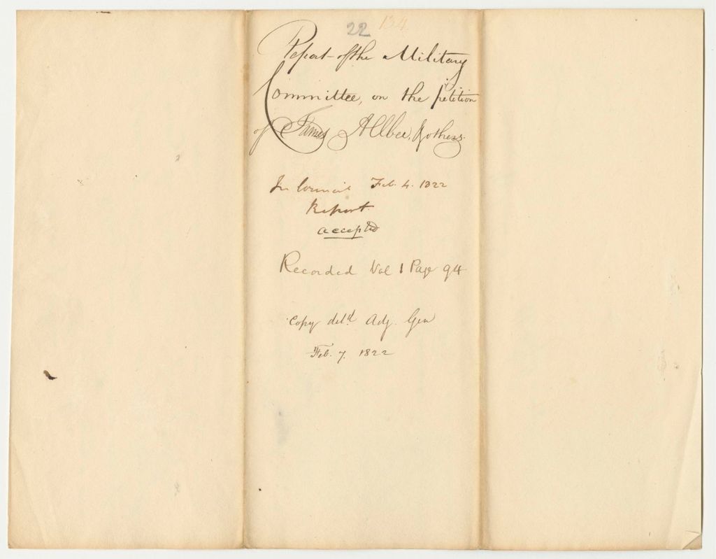 Miniature of Report 134: Report of the Military Committee on the Petition of James Albee and others