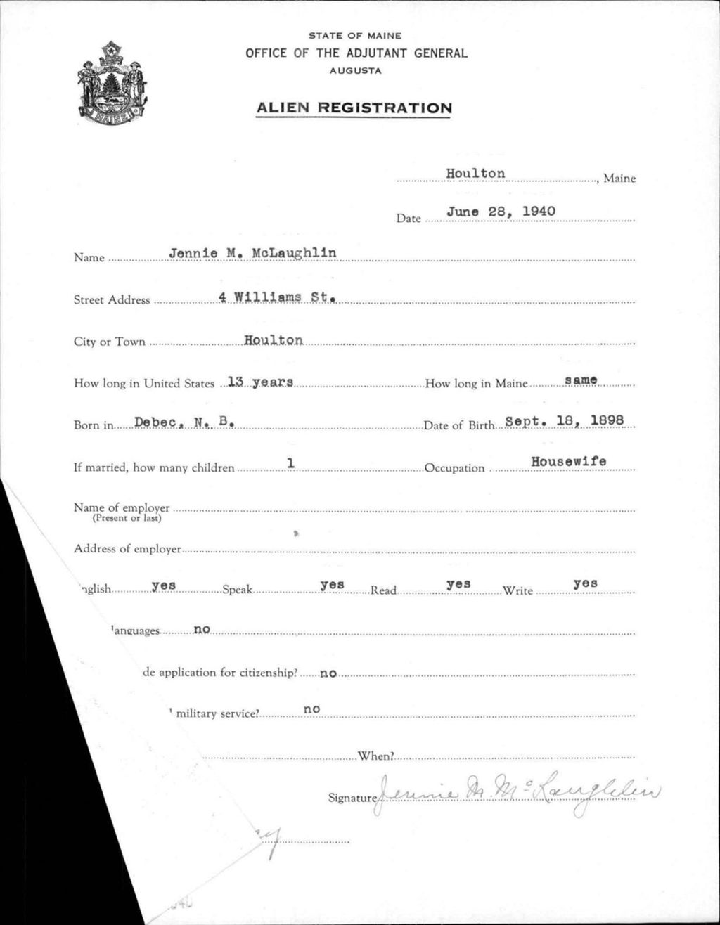 Miniature of Alien Registration- Mclaughlin, Jennie M. (Houlton, Aroostook County)
