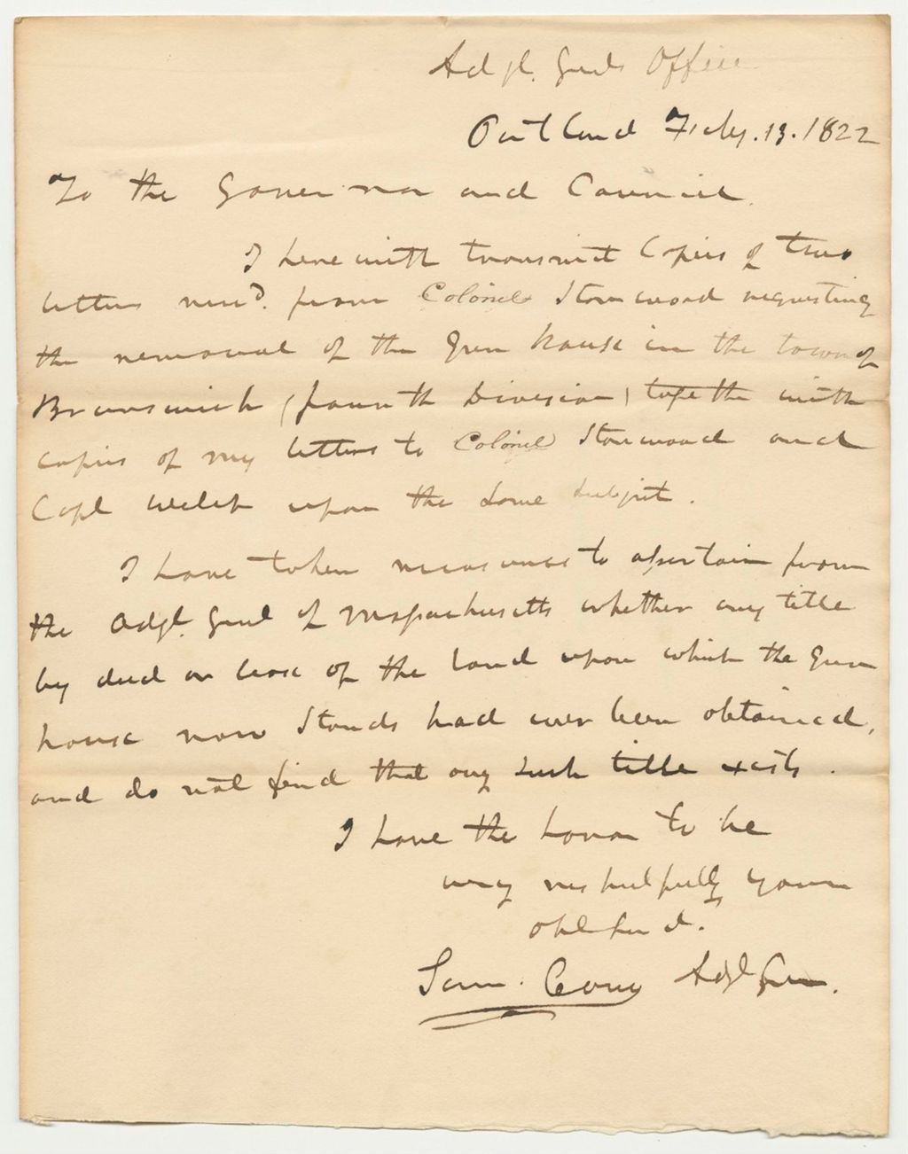 Miniature of Letter from Sam Cony to the Governor and Council