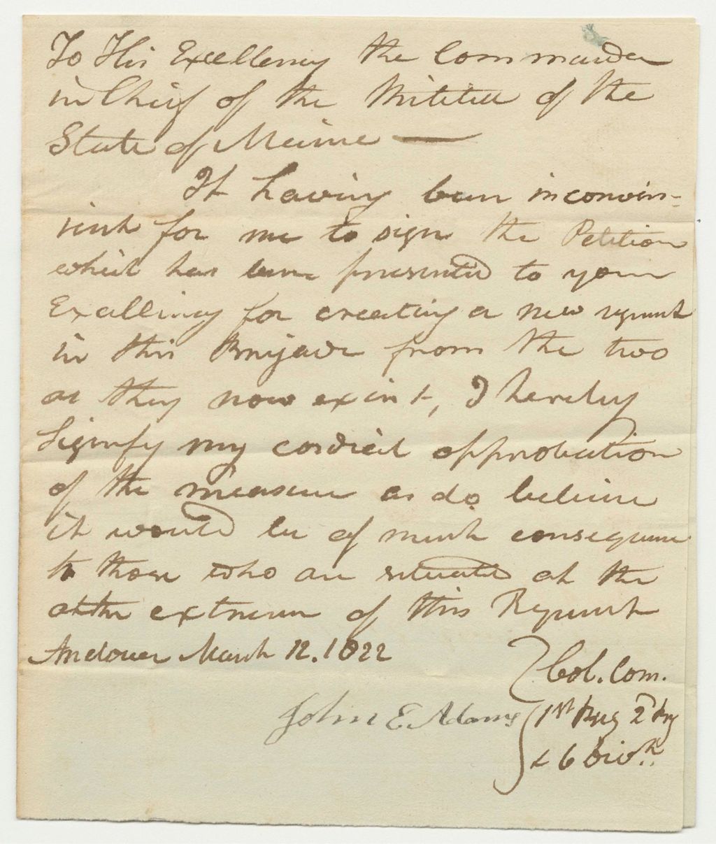 Miniature of Letter from John E. Adams to the Commander in Chief of the Militia of the State of Maine, Approving of the Petition of Elias Bartlet