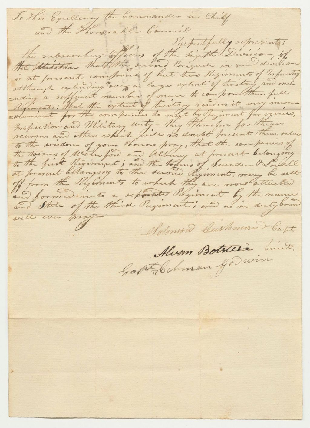 Miniature of Petition of Samuel Cushman and others for a New Regiment