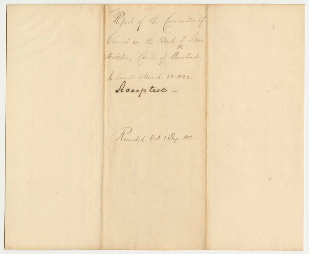 Miniature of Report 141: Report of the Committee of Council in the Bond of Isaac Hodgdon, Clerk of Penobscot