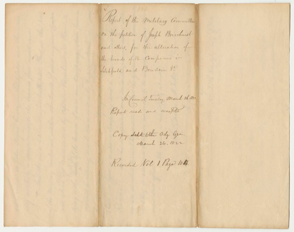Miniature of Report 142: Report of the Military Committee on the Petition of Joseph Brirehurst and others, for the Alteration of the Bounds of the Companies in Litchfield and Bourdain