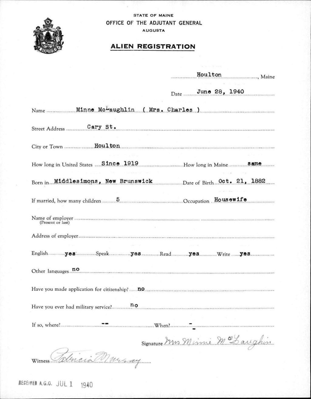 Miniature of Alien Registration- Mclaughlin, Minne (Houlton, Aroostook County)