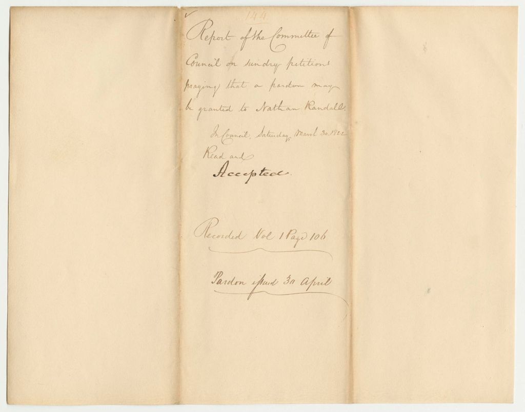 Miniature of Report 144: Report of the Committee of Council on sundry Petitions Praying that a Pardon May be Granted to Nathan Randall