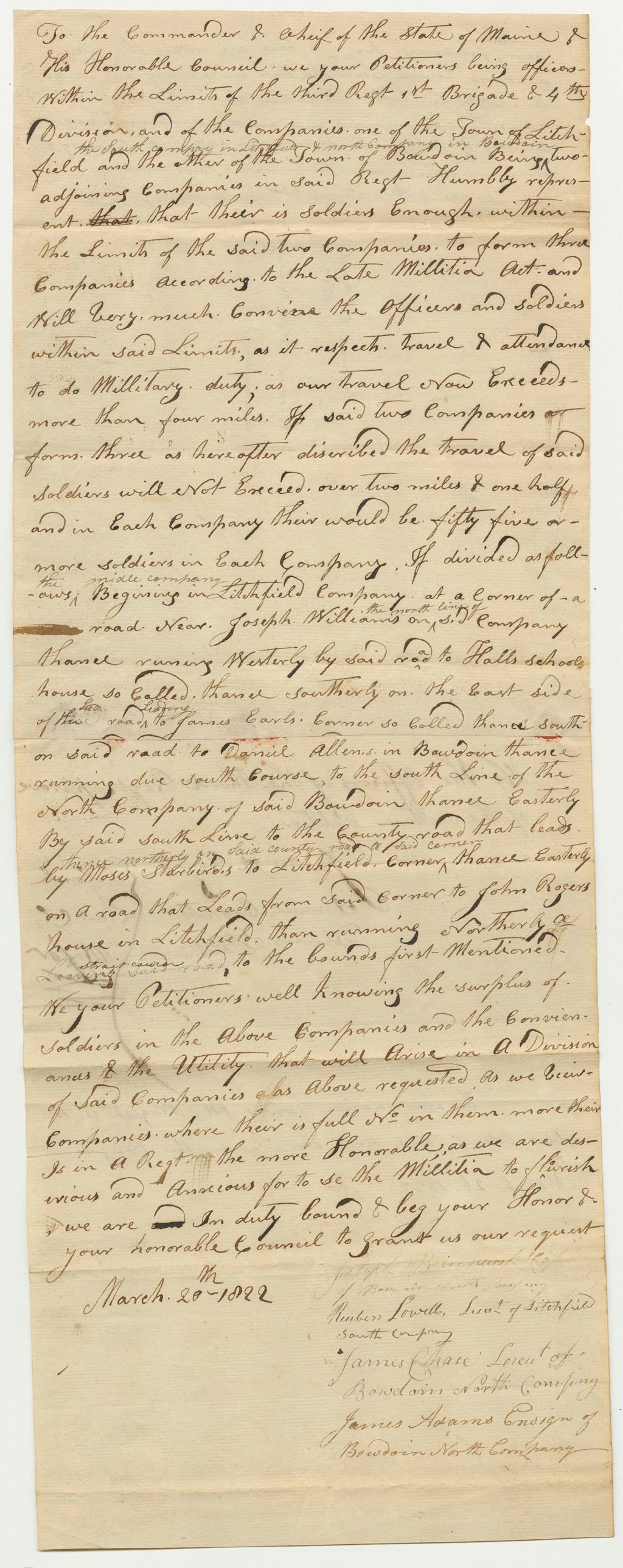 Miniature of Petition of Joseph Brirehurst and others, for the Alteration of the Bounds of the Companies in Litchfield and Bourdain