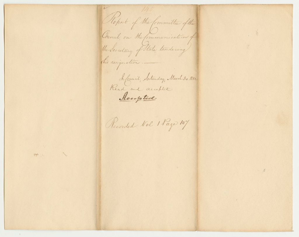 Miniature of Report 145: Report the Committee of the Council on the Communication of the Secretary of State tendering his resignation