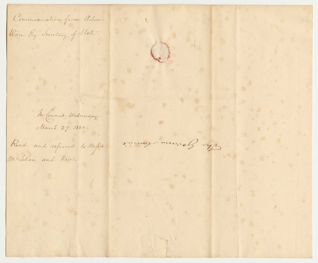 Miniature of Communication from Asher Ware Esq Secretary of State