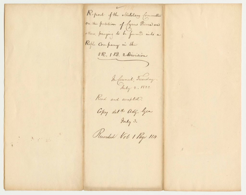Miniature of Report 154: Report of the Military Committee on the Petition of Cyrus Pierce and others, praying to be formed into a Rifle Company in the 5R.1B.2Division