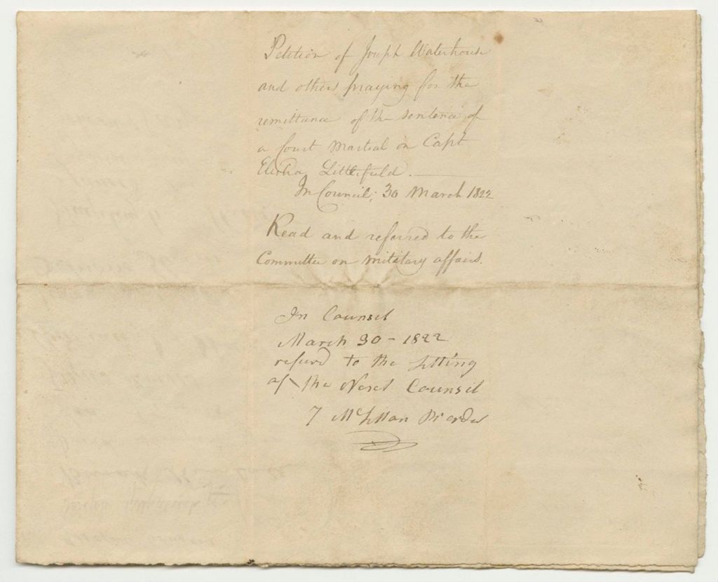 Miniature of Petition of Joseph Waterhouse and others Praying for the Remittance of the Sentence of a Court Martial on Capt. Elisha Littlefield
