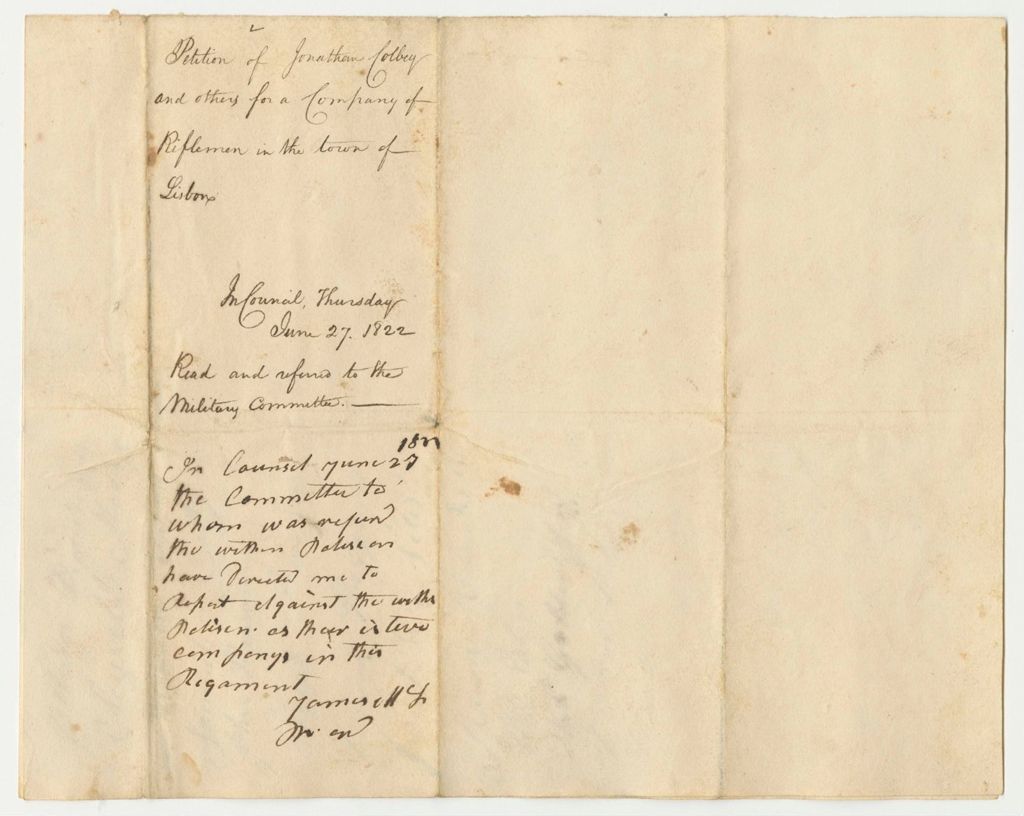 Miniature of Petition of Jonathon Colby and others for a Company of Riflemen in the Town of Lisbon