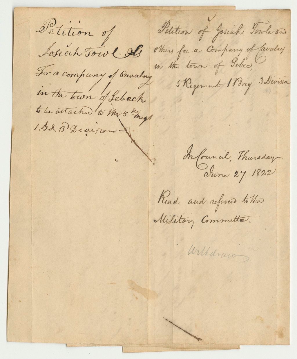 Miniature of Petition of Josiah Fowle and others for a Company of Cavalry in the Town of Sebec 5R.1B.3D.