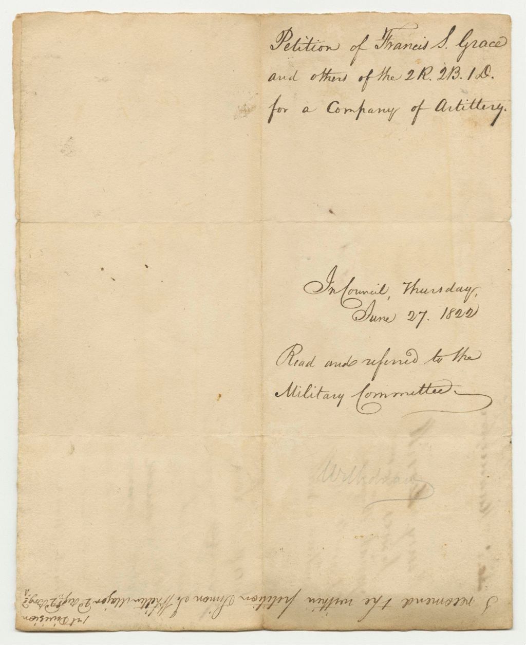 Miniature of Petition of Francis S. Grace and others of the 2R.2B.1D. for a Company of Artillery