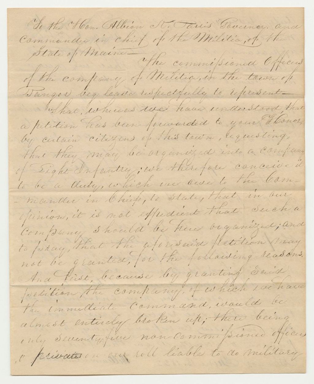 Miniature of Letter from Officers of the Bangor Company of Militia Begging Leave to Represent their Petition