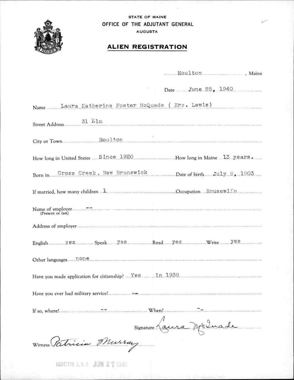 Miniature of Alien Registration- Foster, Laura K. (Houlton, Aroostook County)