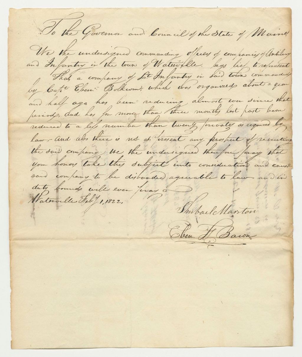 Miniature of Letter from the Commanding Officers of the Waterville Company of Artillery and Infantry Begging Leave to Represent their Petition