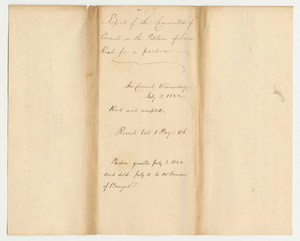 Miniature of Report 157: Report of the Committee of Council on the Petition of Simon Reed for a Pardon
