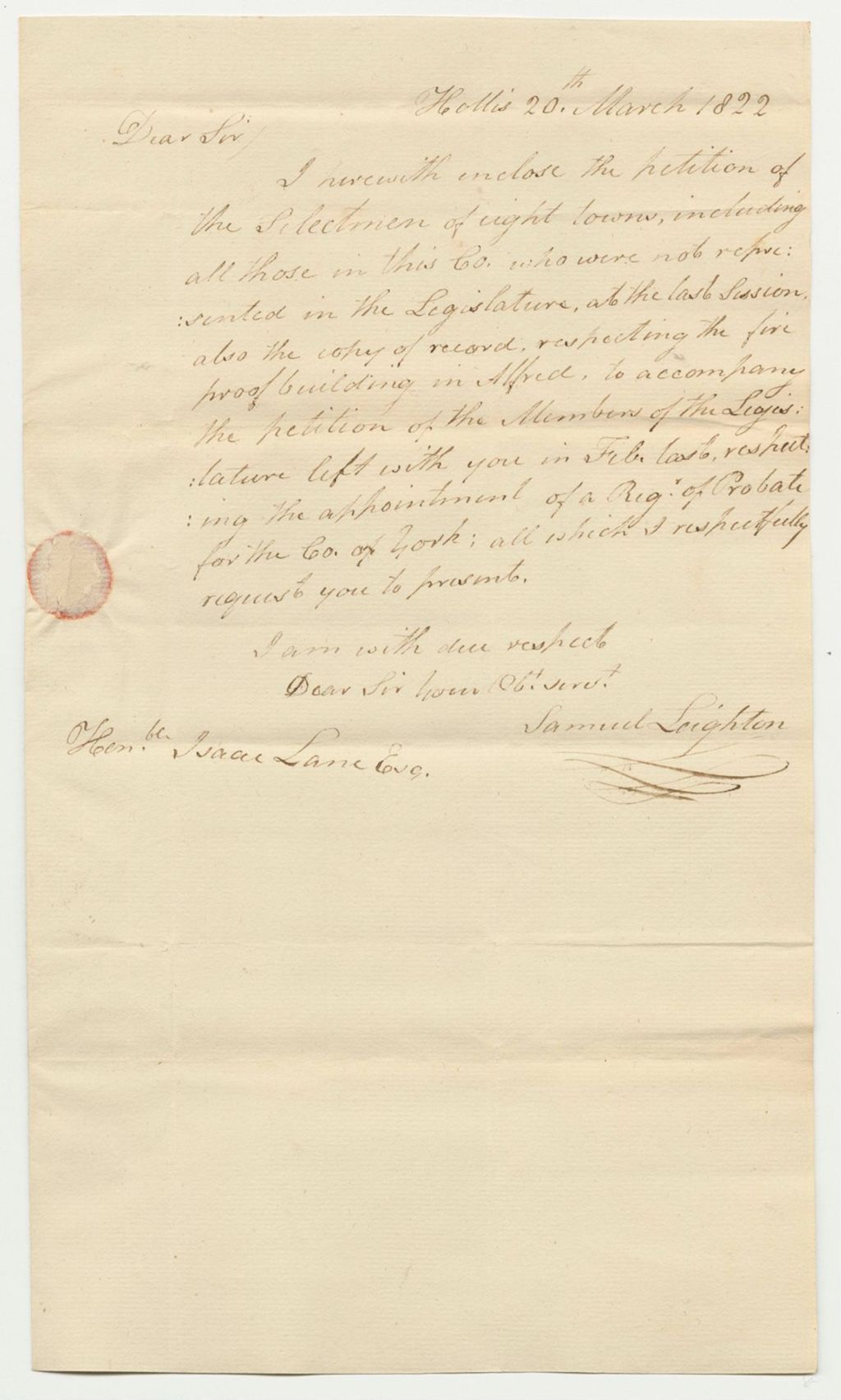Miniature of Letter from Samuel Leighton Enclosing the Petition of Selectmen of Eight Towns in York