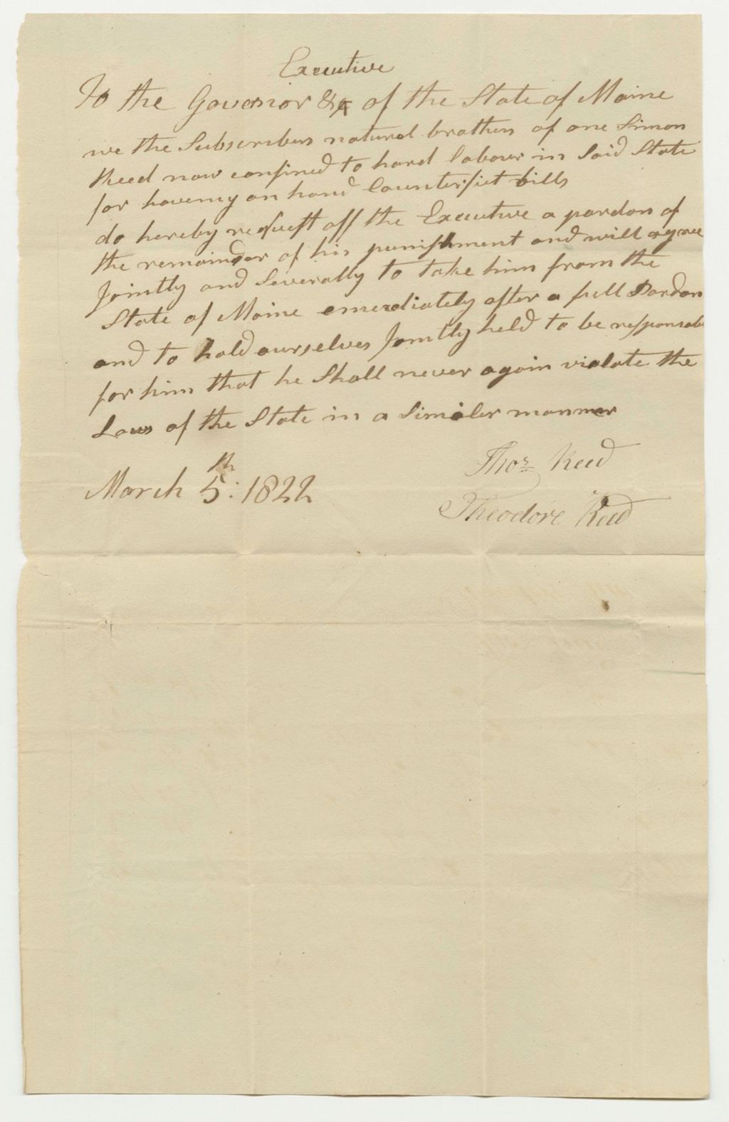 Miniature of Letter from Thomas and Theodore Reed to the Governor and the State of Maine Relating to the Pardon of Their Brother Simon Reed