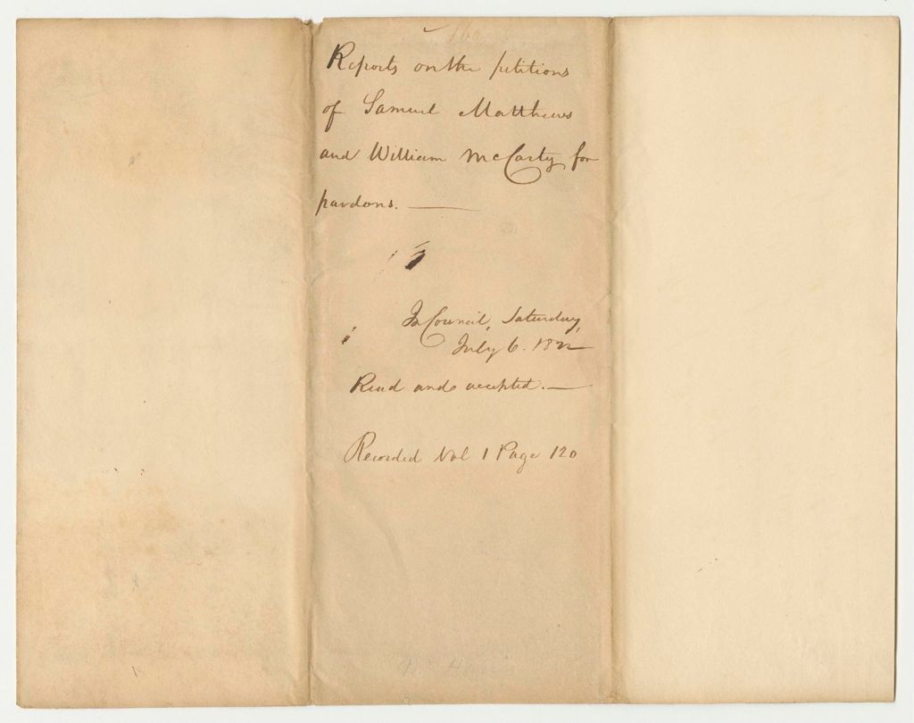 Miniature of Report 160: Report on the Petitions of Samuel Matthews and William McCarty for Pardons