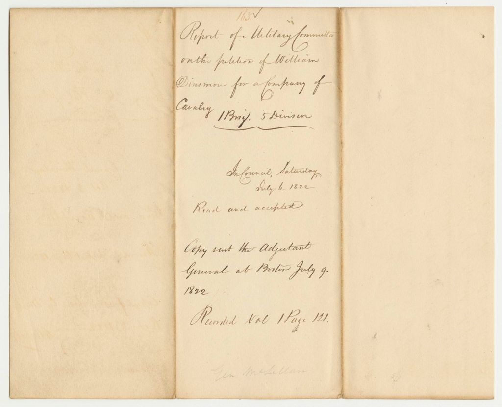 Miniature of Report 163: Report of the Military Committee on the Petition of William Disnmore for a Company of Cavalry