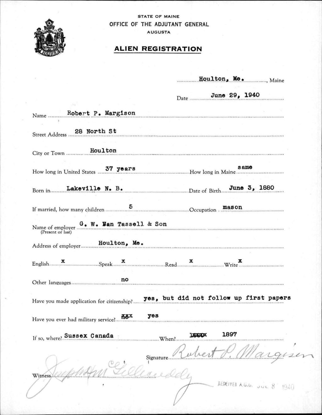 Miniature of Alien Registration- Margison, Robert P. (Houlton, Aroostook County)