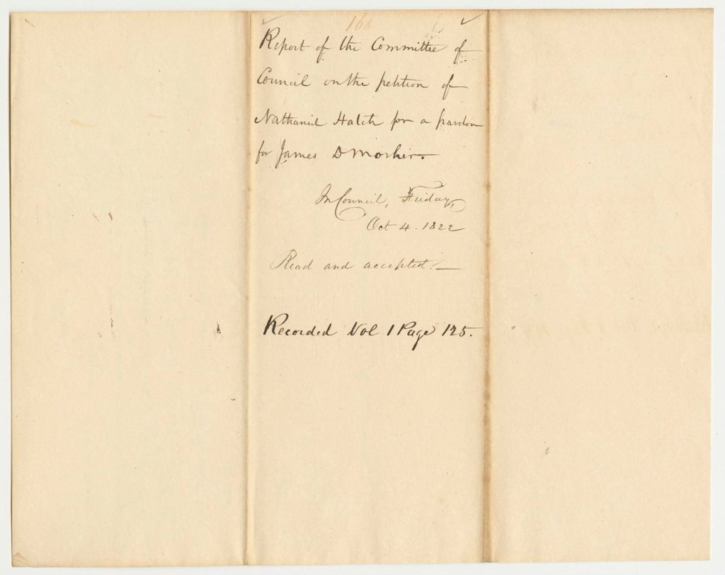 Miniature of Report 168: Report of the Committee of Council on the Petition of Nathaniel Hatch for a Pardon for James D. Mosher