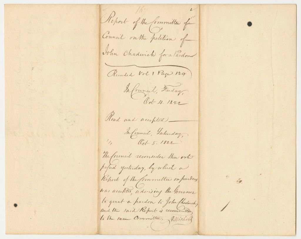 Miniature of Report 167: Report of the Committee of Council on the Petition of John Chadwick for a Pardon