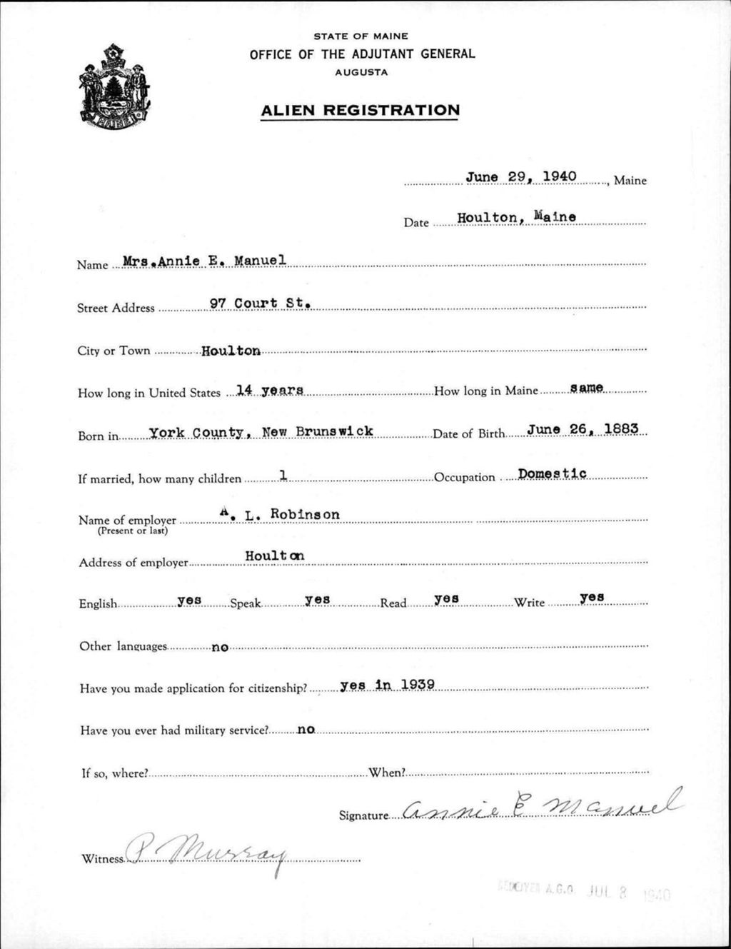 Miniature of Alien Registration- Manuel, Annie E. (Houlton, Aroostook County)