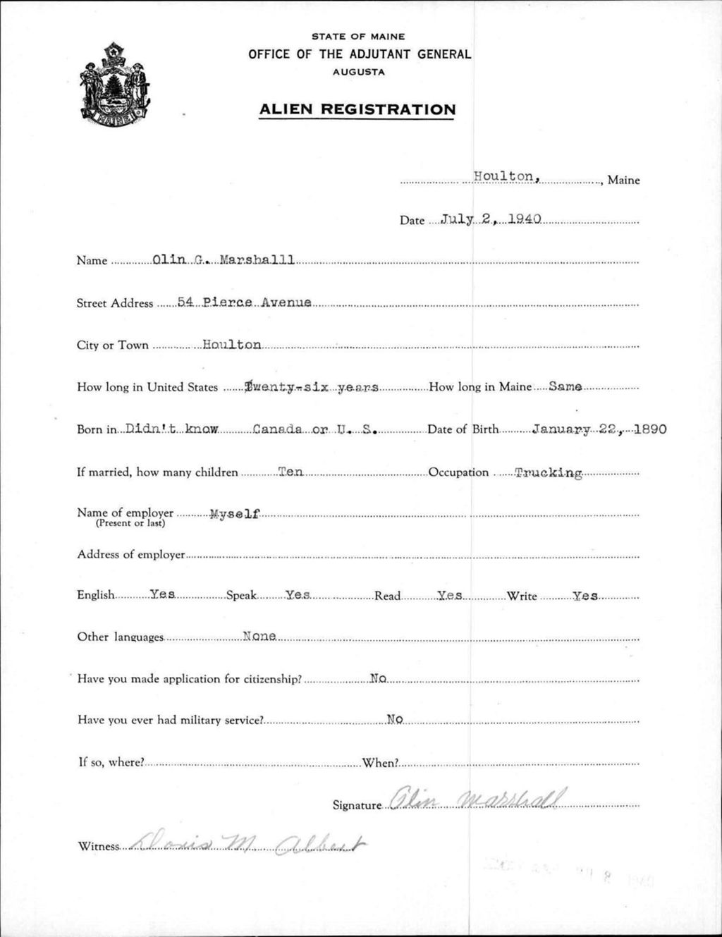 Miniature of Alien Registration- Marshall, Olin G. (Houlton, Aroostook County)