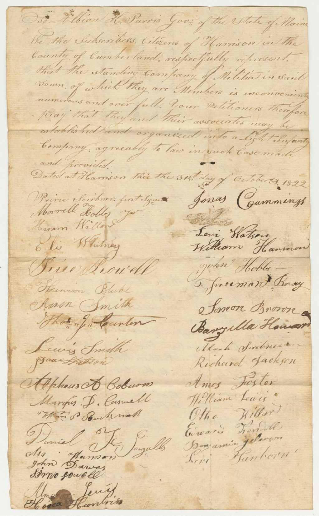 Miniature of Petition for Pierce Scribner and others for a Company of Light Infantry in the town of Harrison