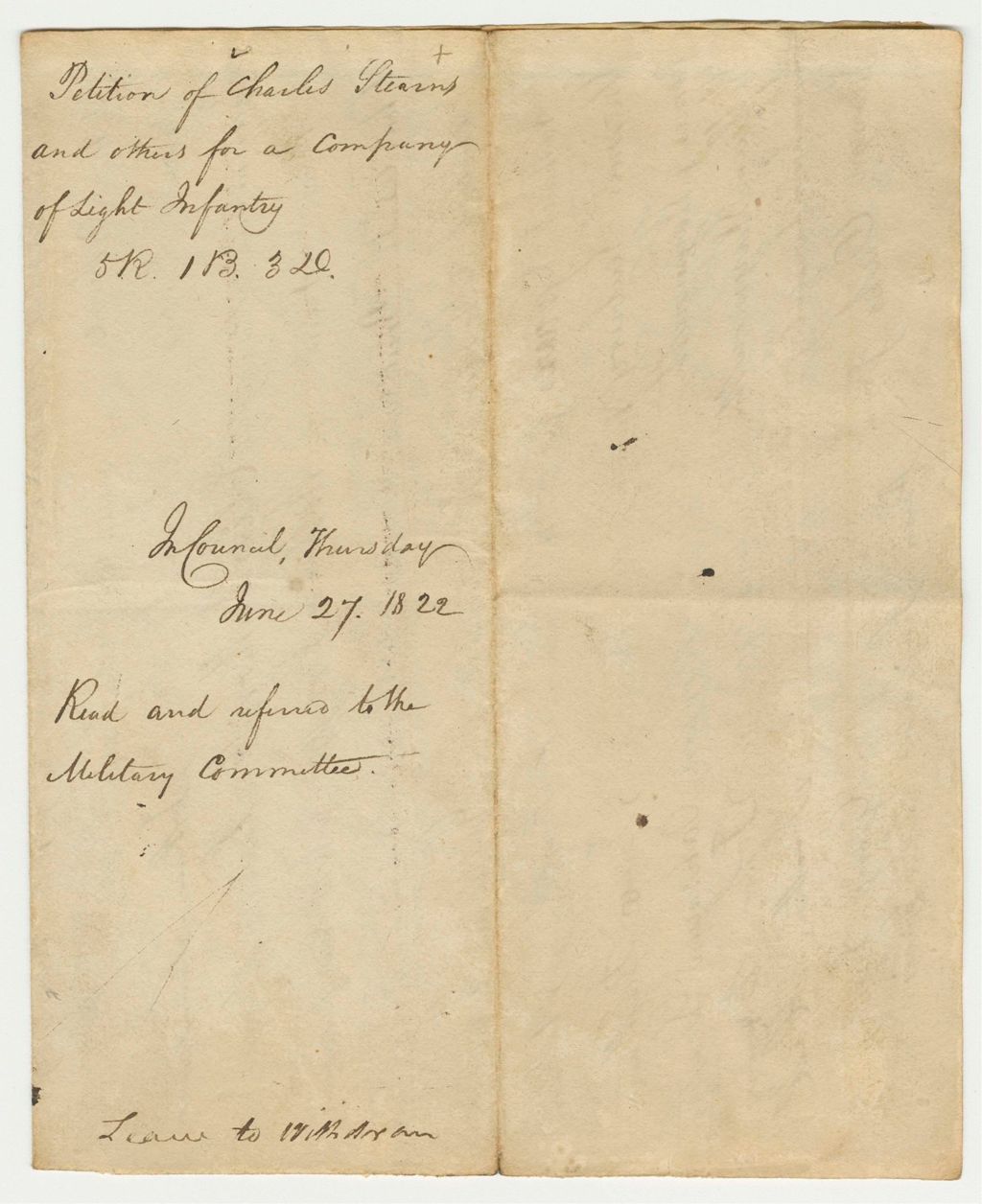 Miniature of Petition of Charles Stearns and others for a Company of Light Infantry 5R.1B.3D.