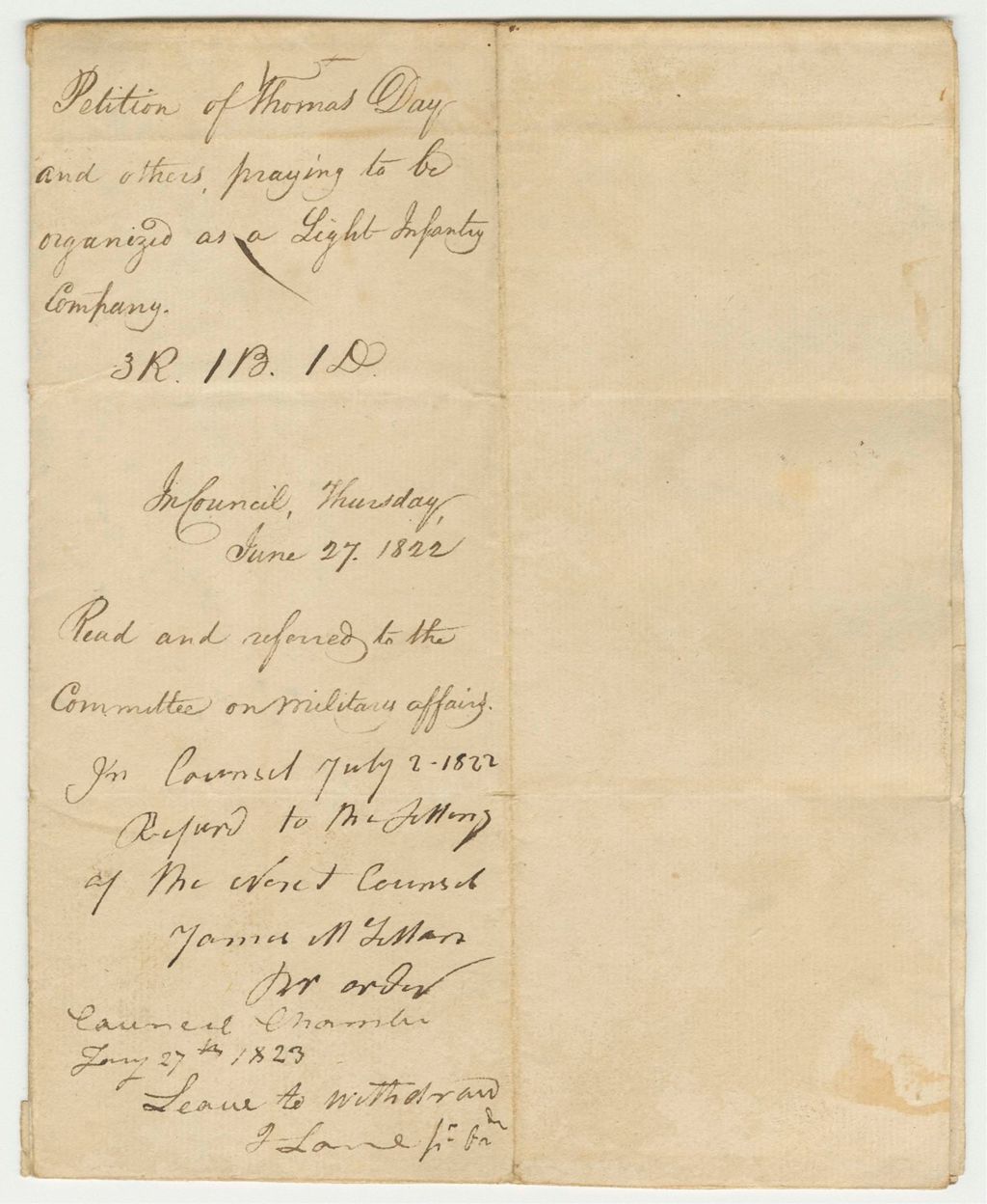 Miniature of Petition of Thomas Day and others, praying to be organized as a Light Infantry Company