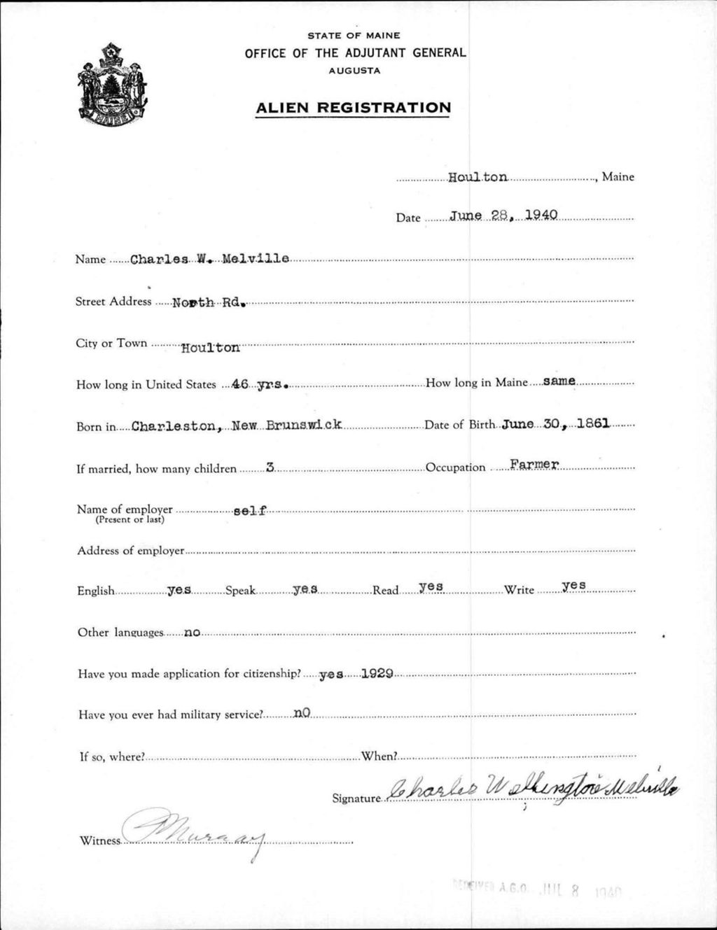 Miniature of Alien Registration- Melville, Charles W. (Houlton, Aroostook County)