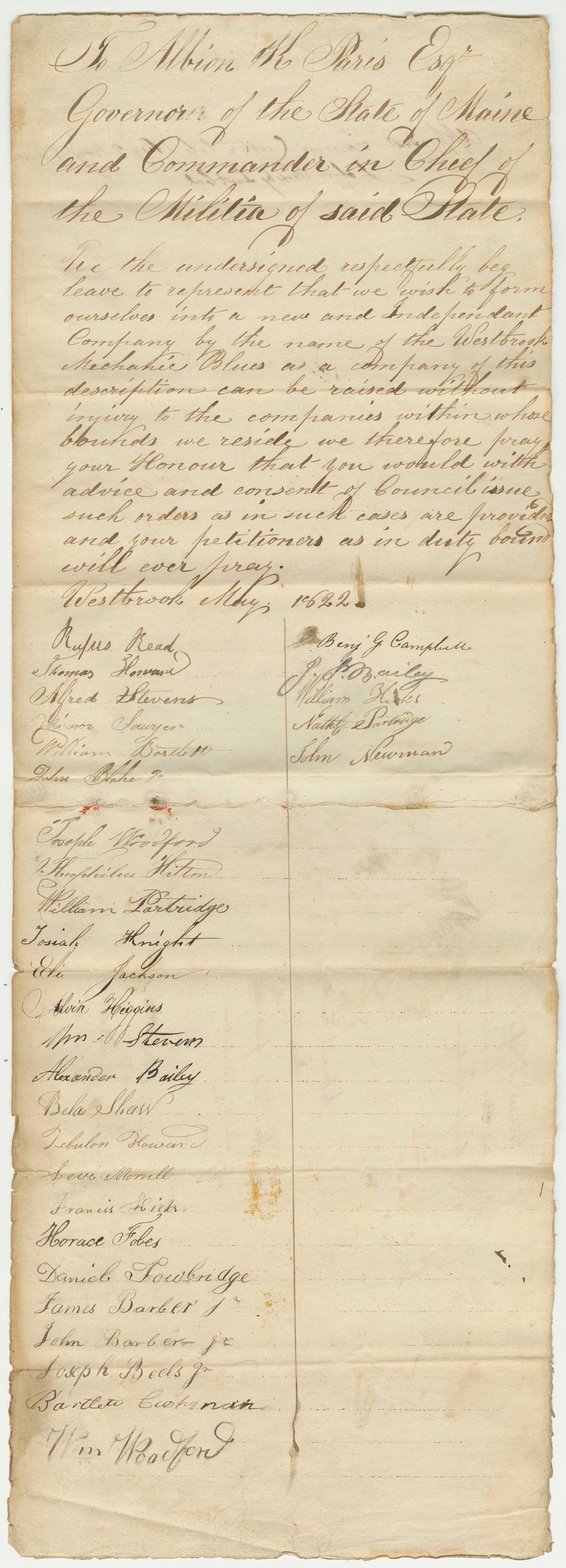 Miniature of Petition of Rufus Read and others for a Company of Light Infantry in Westbrook
