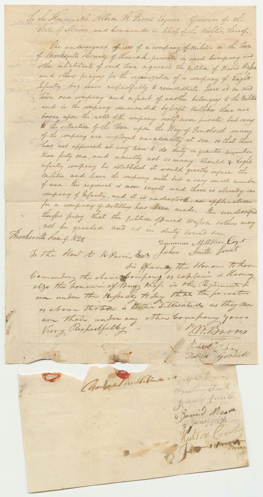 Miniature of Inhabitants and Officers in the Company of Militia in Brooksville Remonstrance Against the Petition of David Watson and others for the Organization of a Light Infantry