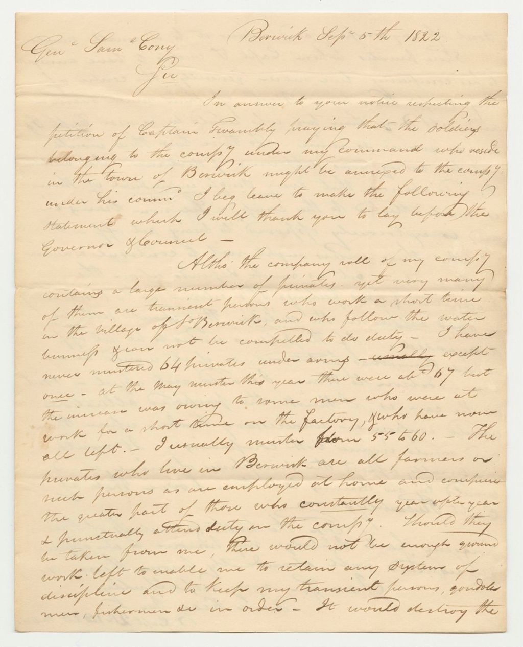 Miniature of Capt. Love Keag Junior Letter to Agt. Gen Samuel Cony Objecting to the Petition of Capt. Twombly to