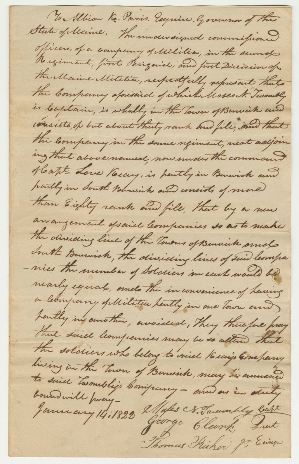 Miniature of Petition of Moses Twombly for an alteration of the Company in Brunswick 2R.1B.1D.