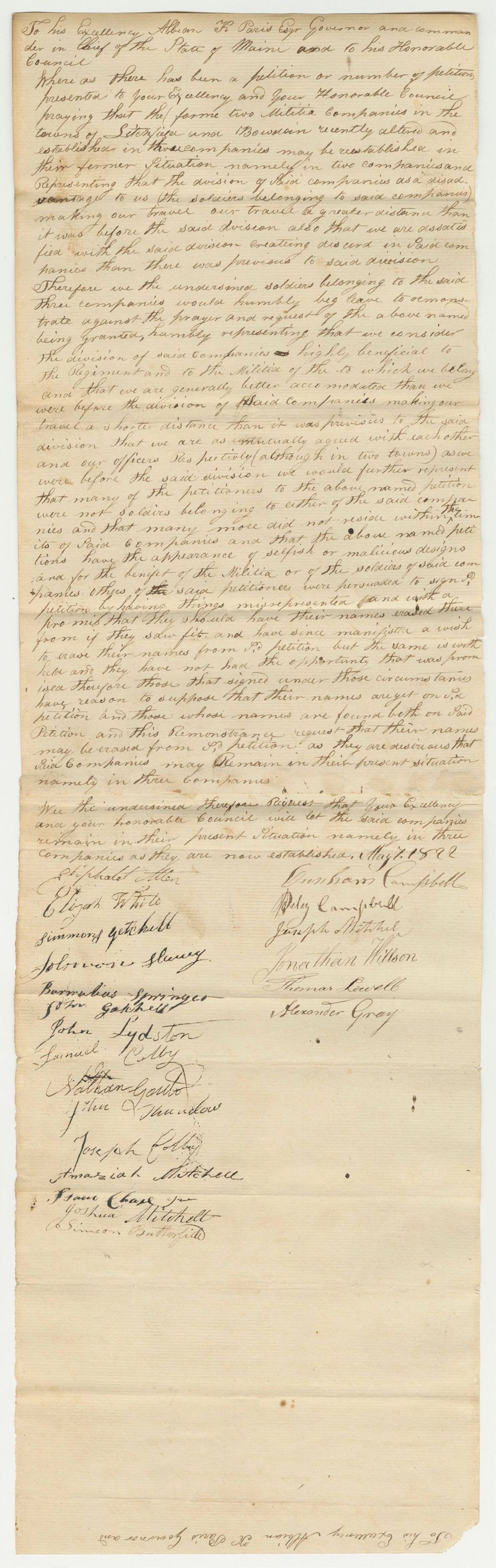 Miniature of Remonstrance Against the Petitions for the Divisions of the Companies in the Towns of Litchfield and Bowdoin