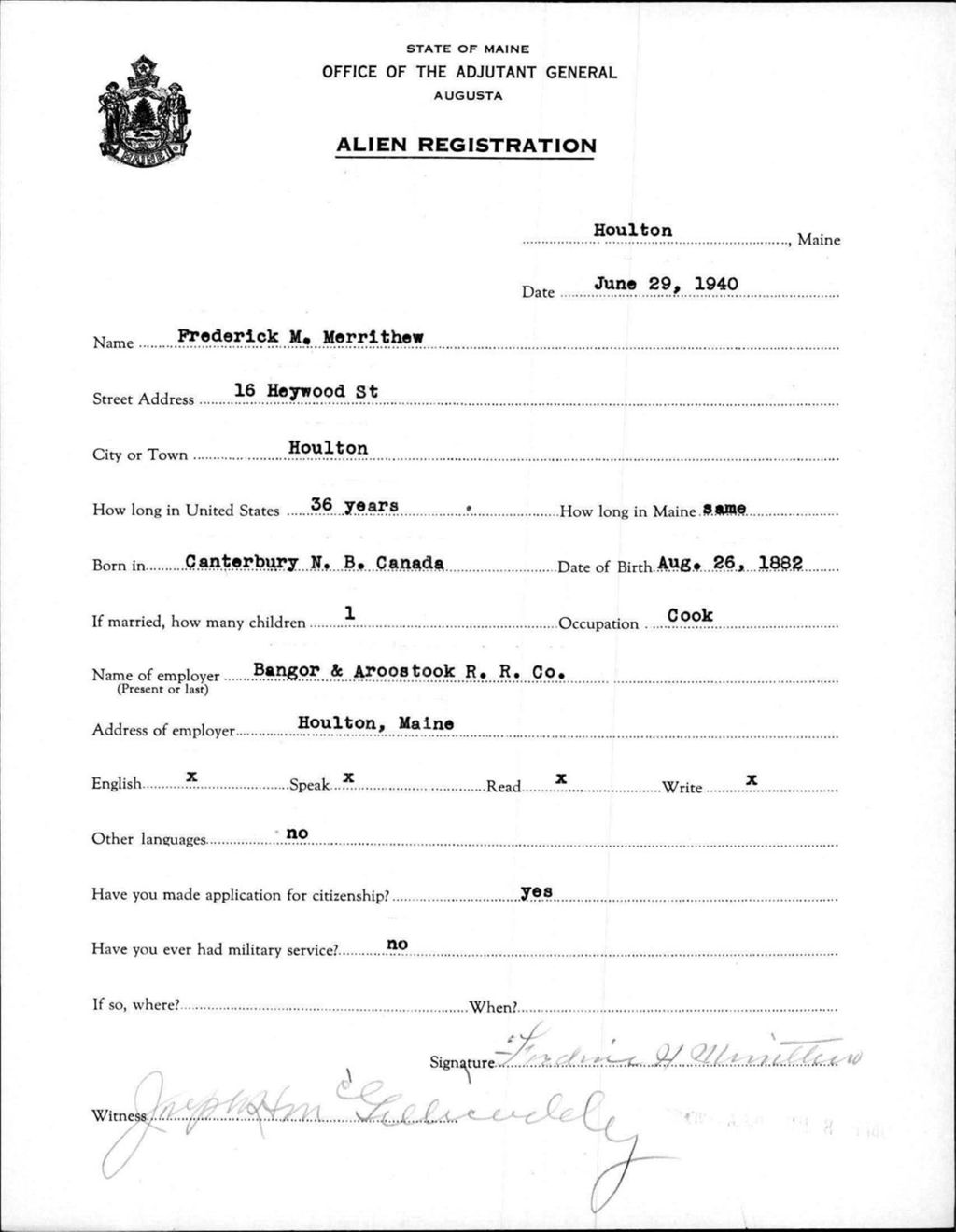 Miniature of Alien Registration- Merrithew, Frederick M. (Houlton, Aroostook County)